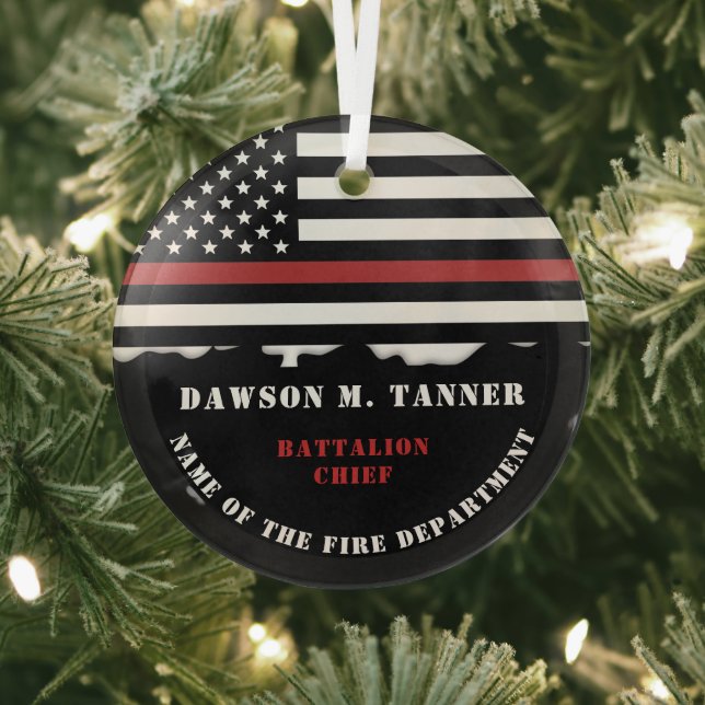 Personalised Firefighter Thin Red Line Fire Rescue Glass Tree Decoration (Insitu)
