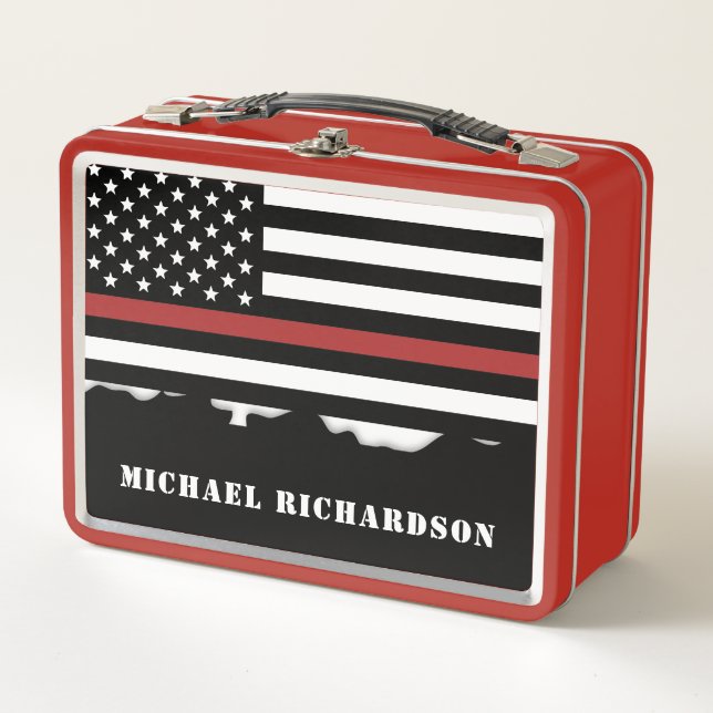 Personalised Firefighter Thin Red Line Fire Rescue Metal Lunch Box (Front)