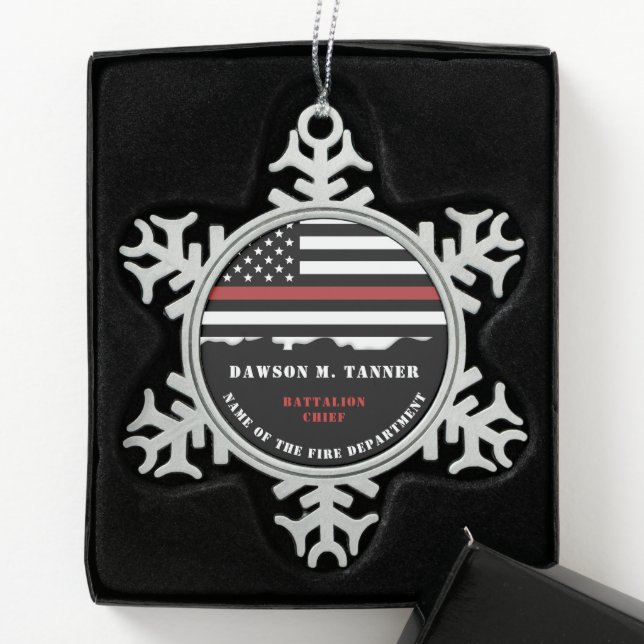 Personalised Firefighter Thin Red Line Fire Rescue Snowflake Pewter Christmas Ornament (Box)