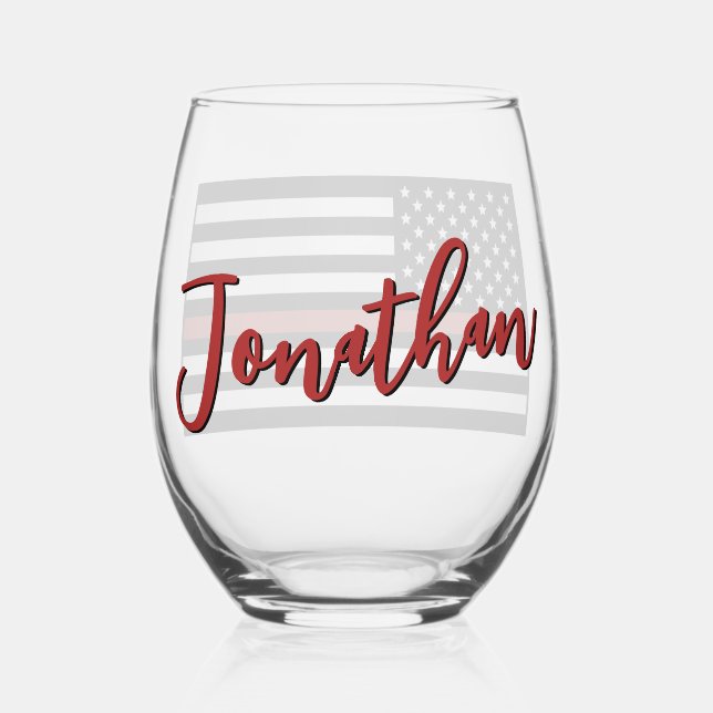 Personalised Firefighter Thin Red Line Flag Stemless Wine Glass (Back)