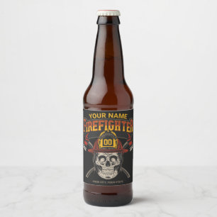 Personalised Fireman Skull Helmet Axe Firefighter  Beer Bottle Label