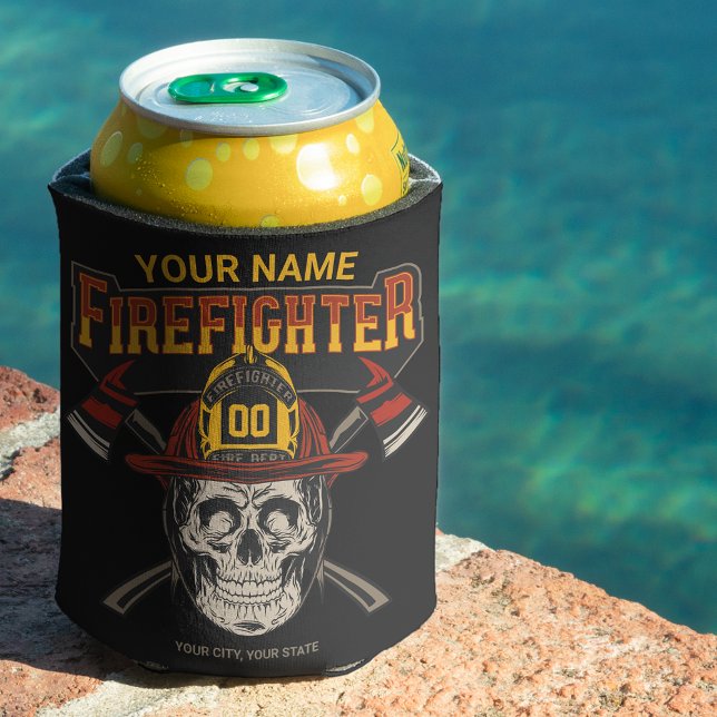 Personalised Fireman Skull Helmet Axe Firefighter  Can Cooler (Creator Uploaded)