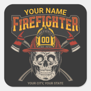 Personalised Fireman Skull Helmet Axe Firefighter Square Sticker