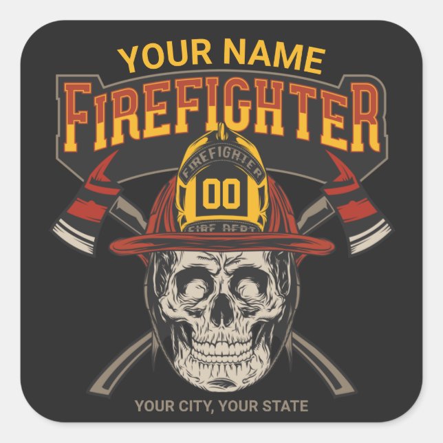 Personalised Fireman Skull Helmet Axe Firefighter  Square Sticker (Front)