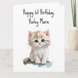 Personalised First Birthday Kitten with Blue Eyes Card