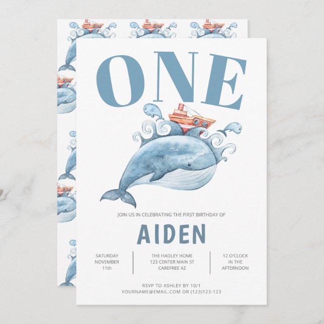 Personalised First Birthday Party Blue Whale Invitation (Front/Back)