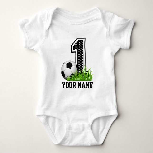 Personalised First Birthday Soccer Name Baby Bodysuit (Front)