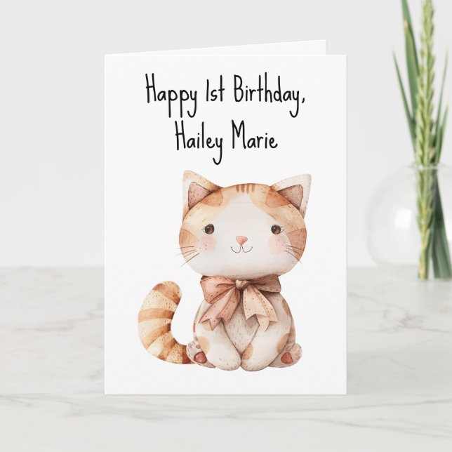 Personalised First Birthday Stuffed Toy Cat  Card (Front)