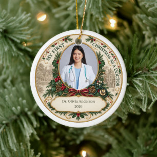 Personalised First Christmas as a Doctor Photo Ceramic Tree Decoration