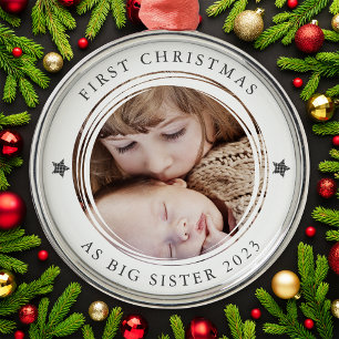 Personalised First Christmas as Big Sister Photo Metal Tree Decoration