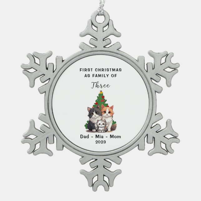 Personalised First Christmas As Family Of Three Snowflake Pewter Christmas Ornament (Front)