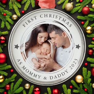 Personalised First Christmas as Parents Photo Metal Tree Decoration