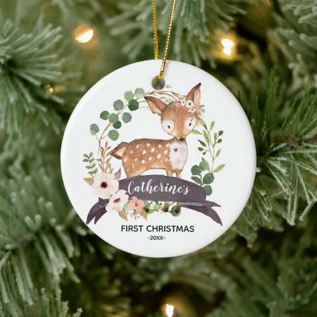 Personalised First Christmas Baby Girl Woodland Ceramic Tree Decoration (Tree)