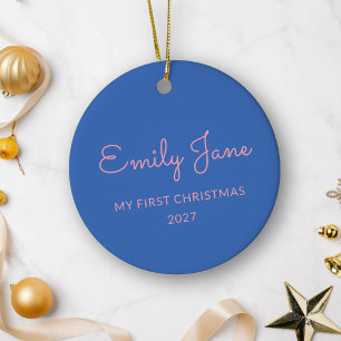 Personalised First Christmas Baby Photo Name Blue Ceramic Tree Decoration