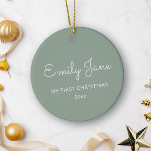 Personalised First Christmas Baby Photo Name Sage Ceramic Tree Decoration