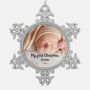 Personalised First christmas baby photo Snowflake Pewter Christmas Ornament