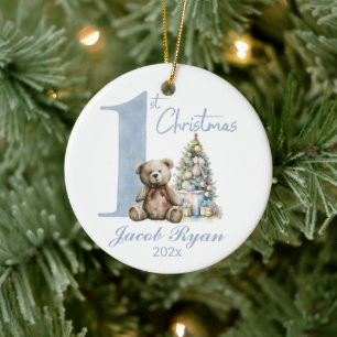 Personalised First Christmas bear for boy Ceramic Tree Decoration