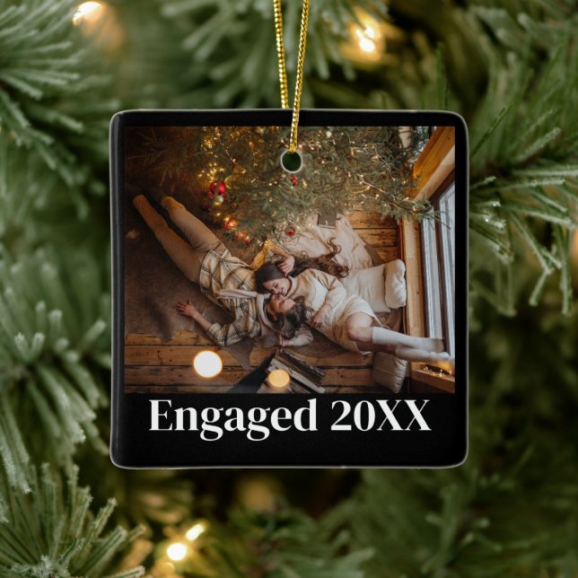 Personalised First Christmas Engaged Couple Black Ceramic Ornament (Tree)