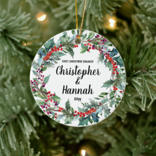 Personalised First Christmas Engaged Double Sided Ceramic Tree Decoration