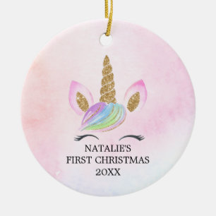 Personalised First Christmas Girl Unicorn Glitter Ceramic Tree Decoration