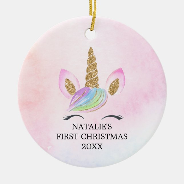 Personalised First Christmas Girl Unicorn Glitter Ceramic Tree Decoration (Front)