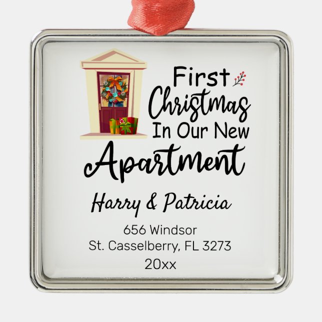 Personalised First Christmas In Our New Apartment Metal Tree Decoration (Front)