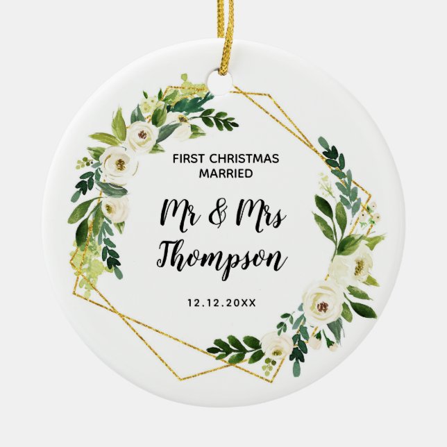 Personalised First Christmas Married as Mr & Mrs Ceramic Tree Decoration (Front)