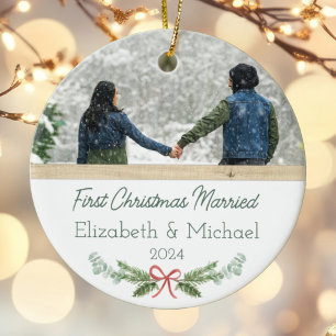 Personalised First Christmas Married Festive Photo Ceramic Tree Decoration