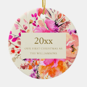 Personalised First Christmas Married Pink Floral Ceramic Tree Decoration