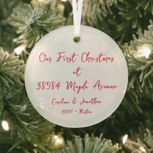 Personalised First Christmas New Home Address Red Glass Tree Decoration