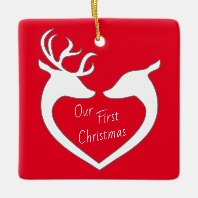 Personalised First Christmas Reindeer Couple Red Ceramic Ornament (Front)