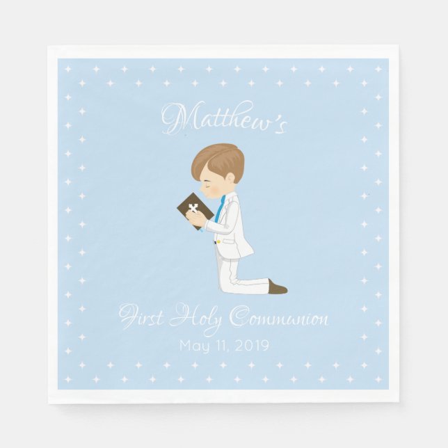 Personalised First Communion Brunette Boy Napkin (Front)