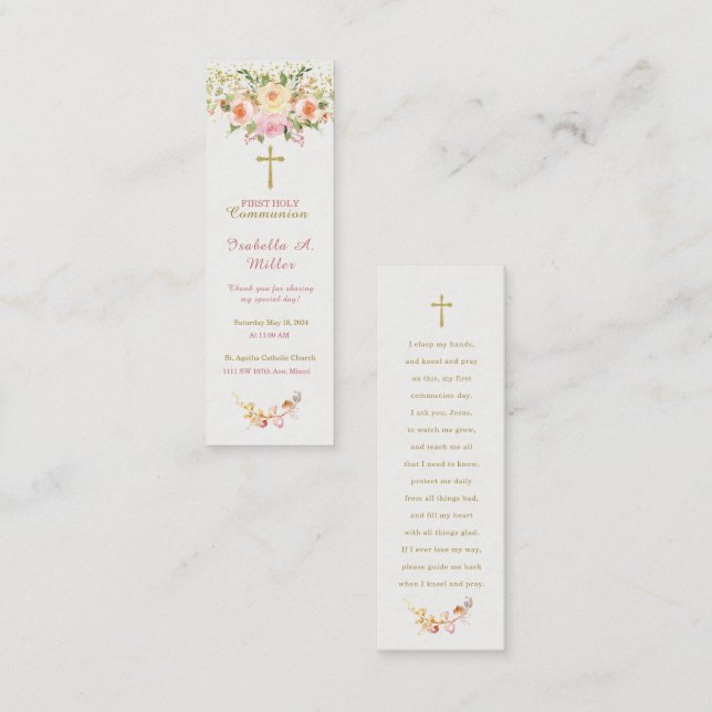Personalised  First Communion Pink Prayer Card (Front/Back)