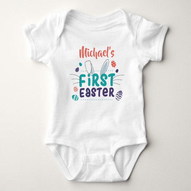 Personalised First Easter Bunny Ears Custom Name Baby Bodysuit (Front)
