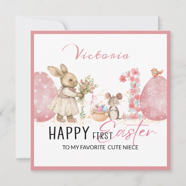 Personalised First Easter Card, Bunny,2 eggs pink Holiday Card (Front)