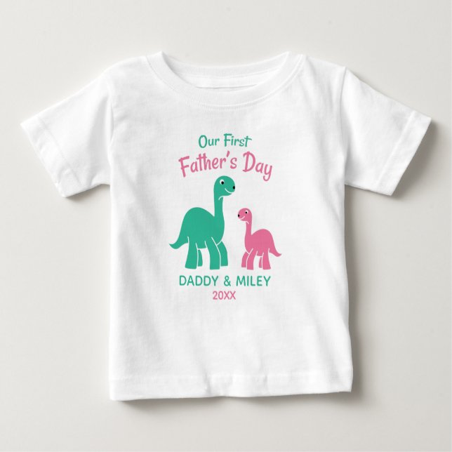 Personalised First Father's Day Cute Dinosaur  Baby T-Shirt (Front)