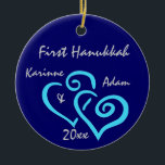 Personalised First Hanukkah Ornament<br><div class="desc">Entwined blue hearts on a deep blue background with personalised names & date.  Change Background colour by selecting customise,  edit and background.</div>