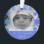Personalised First Hanukkah Ornament<br><div class="desc">Happy Hanukkah! Star of David and Menorah Design Hanukkah Ornament with personalised year,  baby name,  birth date,  and photo. The perfect way to commemorate a new bundle of joy's first holiday! Makes a great gift!</div>
