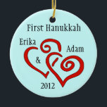 Personalised First Hanukkah Ornament<br><div class="desc">Entwined red hearts on a blue background and personalised names & date. Change Background colour by selecting custimze, edit and background.</div>