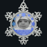 Personalised First Hanukkah Snowflake Pewter Christmas Ornament<br><div class="desc">Happy Hanukkah! Star of David and Menorah Design Hanukkah Ornament with personalised year,  baby name,  and photo. The perfect way to commemorate a new bundle of joy's first holiday! Makes a great gift!</div>