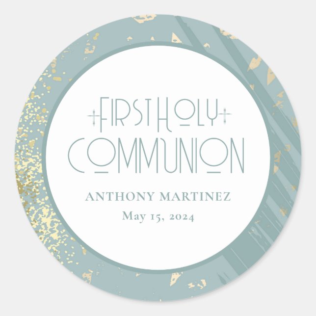 Personalised First Holy Communion Blue Gold Cross Classic Round Sticker (Front)