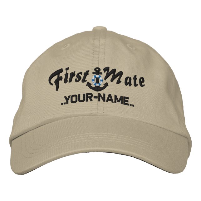 Personalised First Mate Lifesaver Anchor Black Embroidered Hat (Front)