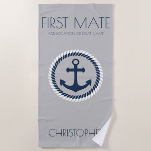 Personalised First Mate Nautical Anchor Boat Name Beach Towel