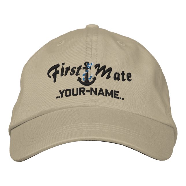 Personalised First Mate Rope Anchor Black Embroidered Hat (Front)