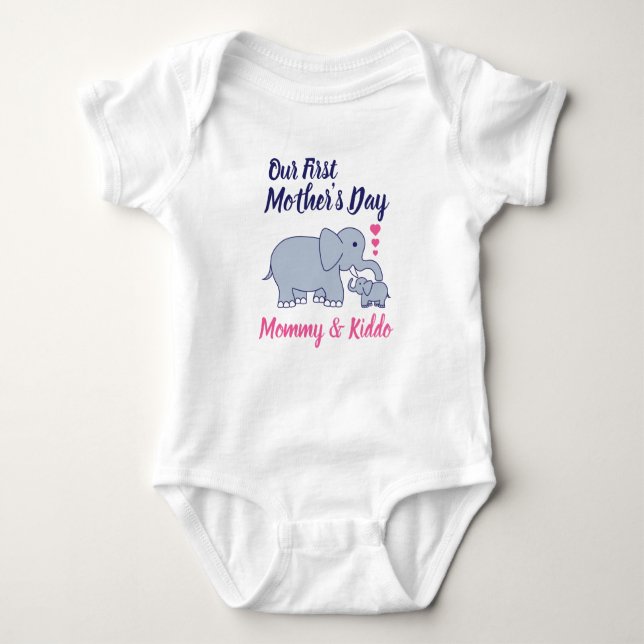 Personalised First Mother's Day Cute Elephant Baby Bodysuit (Front)