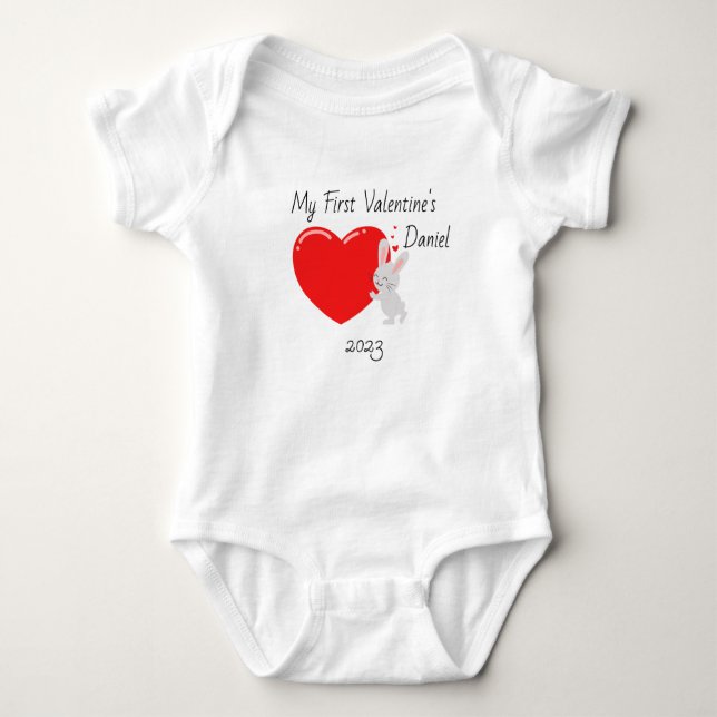 Personalised First Valentines Red Rabbit  Baby Bodysuit (Front)
