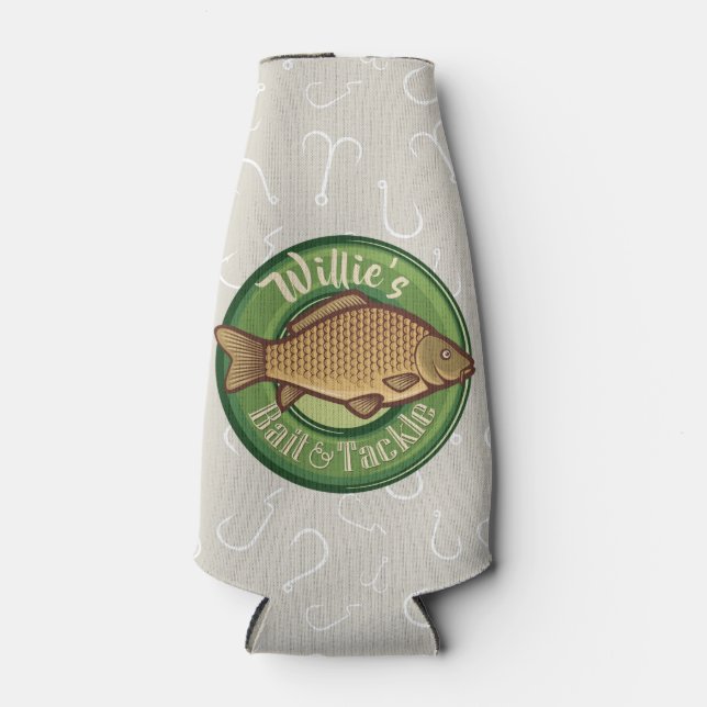 Personalised Fish and Tackle Shop Fishing Angler Bottle Cooler (Front)