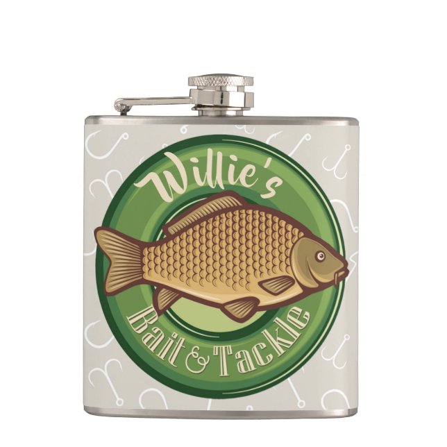 Personalised Fish and Tackle Shop Fishing Angler Hip Flask (Front)