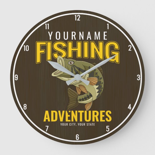 Personalised Fishing Adventures Bass Fish Angler Large Clock (Front)