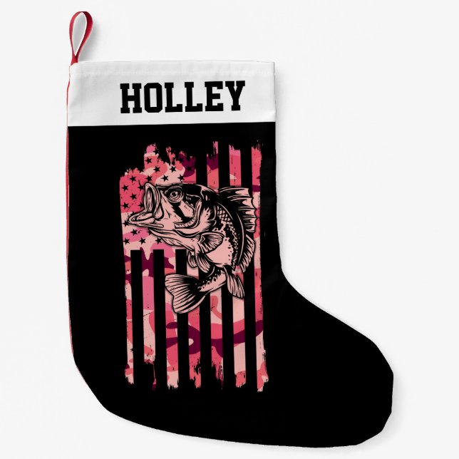 Personalised Fishing Camouflage US Flag Small Christmas Stocking (Front)